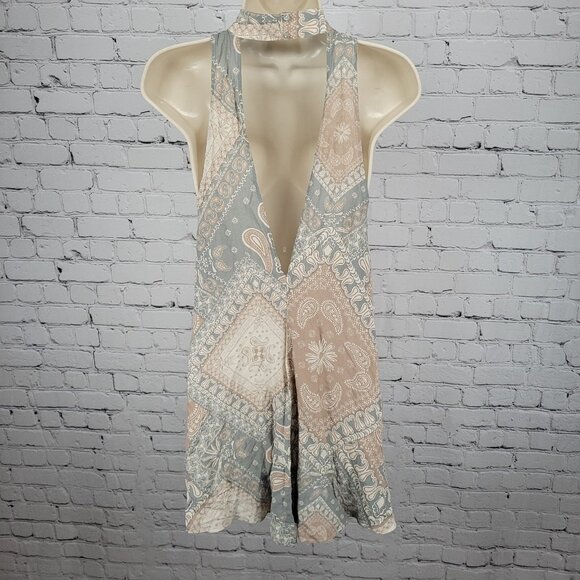 Intimately Free People Blue Tan Paisley Lightweight High Neck Mini Dress XS - Picture 2 of 12